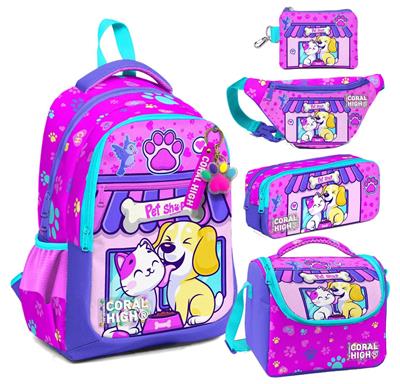 Coral High Kedi Köpek Desenli Kız Çocuk Beşli Okul Çanta Seti - İlkokul İçin Uygun