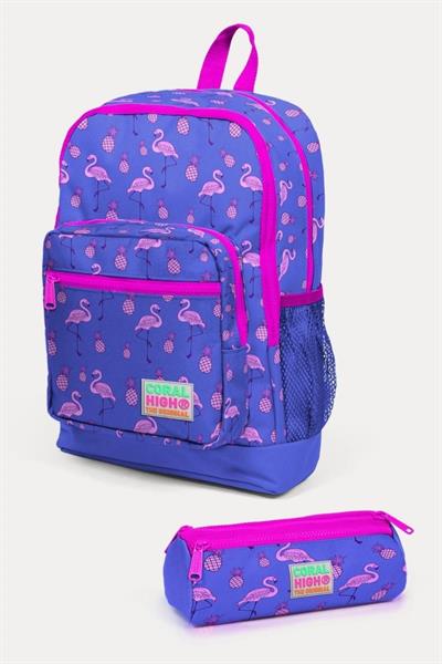 Coral High Kids 2li Okul Çanta Seti - Kız Çocuk Lavanta Pembe Flamingo Desenli