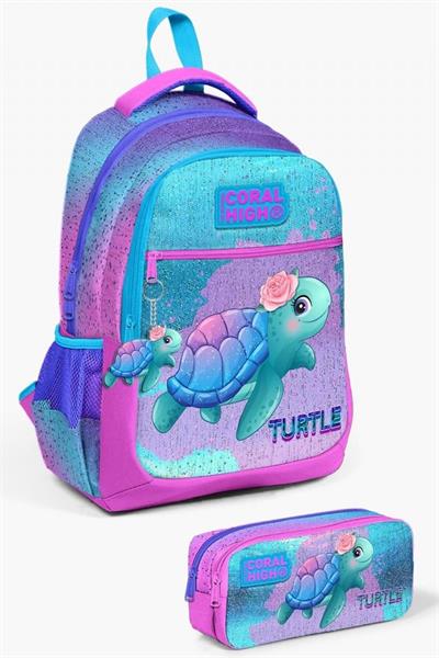 Coral High Kids Açık Pembe Mavi Kaplumbağa Desenli 2li Okul Çanta Seti - Kız Çocuk