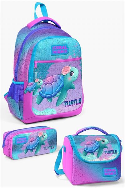Coral High Kids Açık Pembe Mavi Kaplumbağa Desenli 3lü Okul Çanta Seti - Kız Çocuk