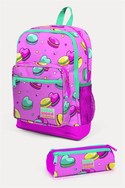 Coral High Kids Açık Pembe Su Yeşili Makaron Desenli 2li Okul Çanta Seti - Kız Çocuk