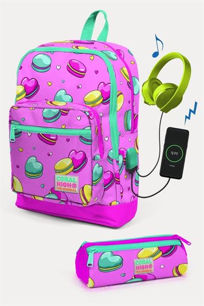 Coral High Kids Açık Pembe Su Yeşili Makaron Desenli USBli 2li Okul Çanta Seti - Kız Çocuk