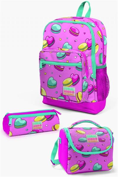 Coral High Kids Açık Pembe Su Yeşili Makaron Desenli 3lü Okul Çanta Seti
