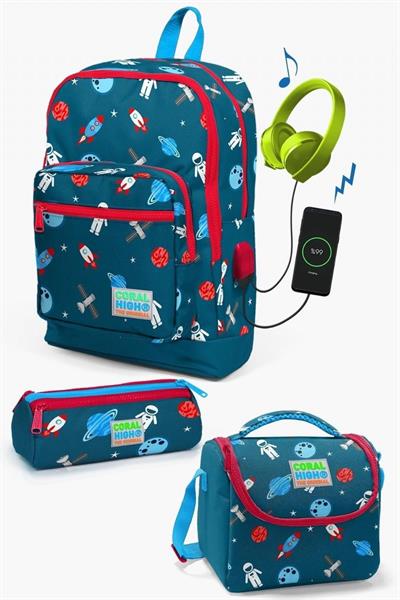 Coral High Kids Çivit Kırmızı Uzay Desenli USBli 3lü Okul Çanta Seti - Erkek Çocuk