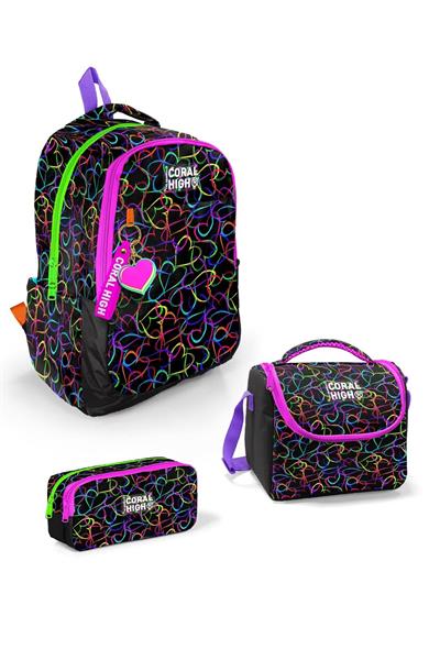 Coral High Kids Çok Renkli Kalp Desenli 3lü Okul Çanta Seti SET0123670 - Kız