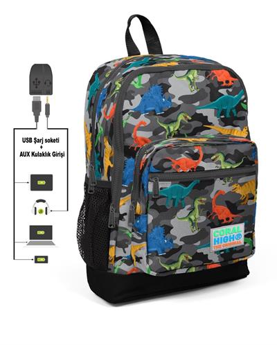 Coral High Kids Dinazor Kamuflaj Desenli Dört Gözlü Erkek Çocuk İlkokul Çantası -USB+AUX Soketli