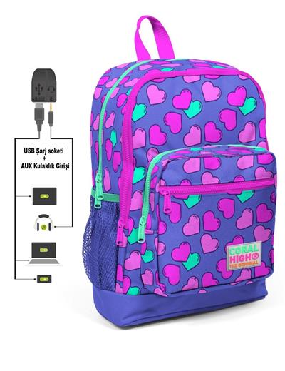 Coral High Kids Dört Gözlü Kız Çocuk İlkokul Çantası - Kalpler Baskılı - USB+AUX Soketli