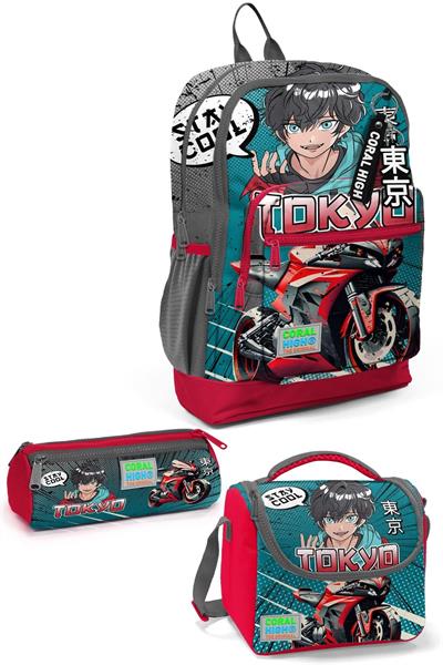 Coral High Kids Gri Nefti Anime Motorsiklet Desenli 3lü Okul Çanta Seti SET0123764