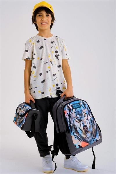 Coral High Kids Gri Siyah Kurt Desenli 3lü Okul Çanta Seti - Erkek Çocuk
