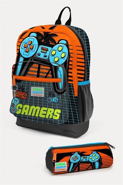 Coral High Kids Gri Turuncu Gamer Desenli 2li Okul Çanta Seti - Erkek Çocuk