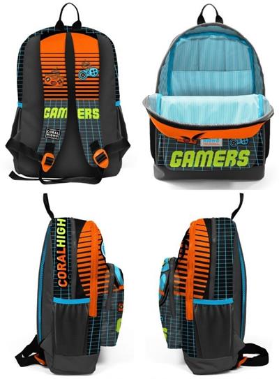 Coral High Kids Gri Turuncu Gamer Desenli 3lü Okul Çanta Seti - Erkek