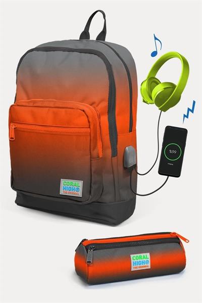 Coral High Kids Gri Turuncu Renk Geçişli USBli 2li Okul Çanta Seti - Erkek