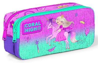 Coral High Kids İki Bölmeli Kız Çocuk Pembe Yeşil Prenses ve Unicorn Kalem Çantası Kalemlik