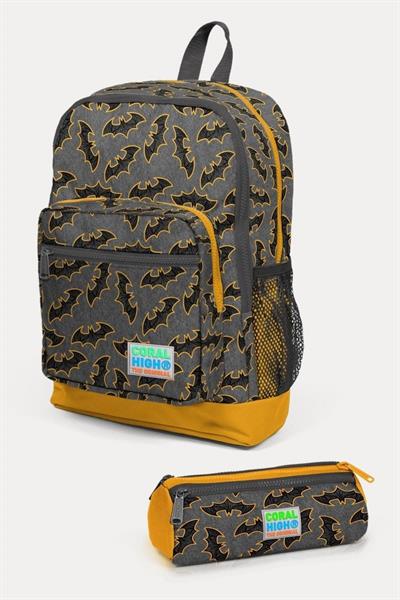 Coral High Kids Koyu Gri Hardal Yarasa Desenli 2li Okul Çanta Seti - Erkek Çocuk