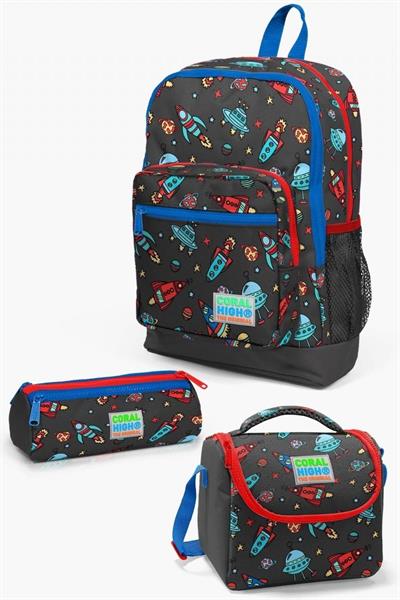 Coral High Kids Koyu Gri Kırmızı Uzay Desenli 3lü Okul Çanta Seti