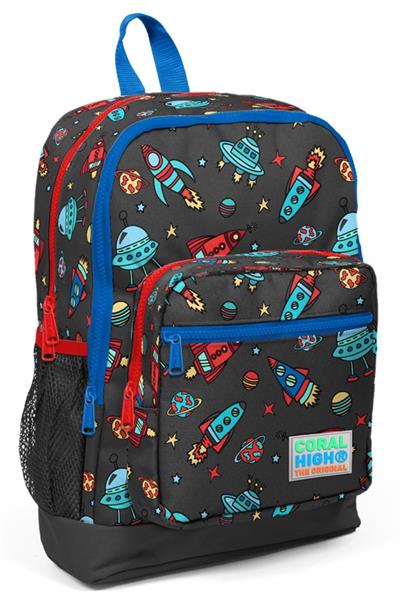 Coral High Kids Koyu Gri Kırmızı Uzay Desenli 3lü Okul Çanta Seti