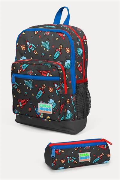 Coral High Kids Koyu Gri Kırmızı Uzay Desenli 2li Okul Çanta Seti - Erkek Çocuk