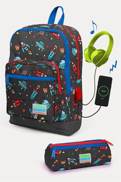 Coral High Kids Koyu Gri Kırmızı Uzay Desenli USBli 2li Okul Çanta Seti - Erkek Çocuk