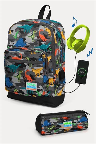 Coral High Kids Koyu Gri Siyah Kamuflaj Dinozor Desenli USBli 2li Okul Çanta Seti - Erkek Çocuk