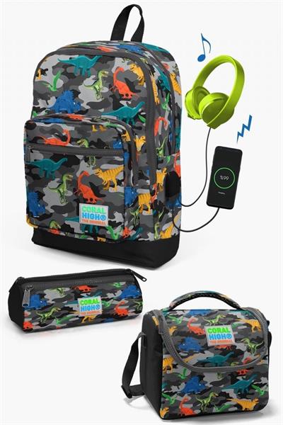 Coral High Kids Koyu Gri Siyah Kamuflaj Dinozor Desenli USBli 3lü Okul Çanta Seti - Erkek Çocuk