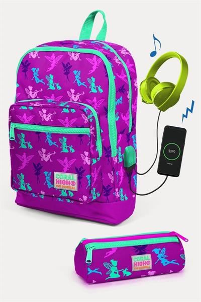Coral High Kids Koyu Pembe Su Yeşili Peri Desenli USBli 2li Okul Çanta Seti - Kız Çocuk