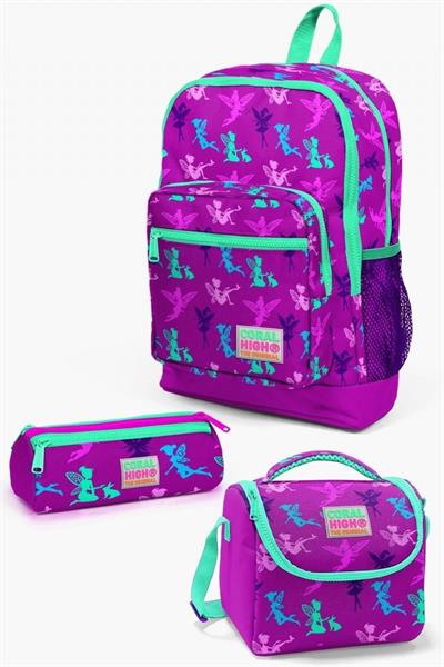Coral High Kids Koyu Pembe Su Yeşili Peri Desenli 3lü Okul Çanta Seti