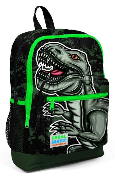 Coral High Kids Koyu Yeşil Siyah Dinazor Desenli 3lü İlkokul Erkek Çocuk Çanta Seti
