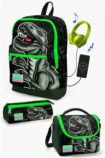 Coral High Kids Koyu Yeşil Siyah Dinazor Desenli USBli 3lü Okul Çanta Seti - Erkek