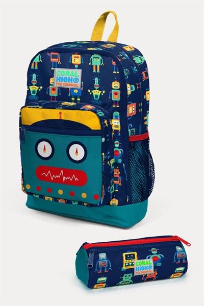 Coral High Kids Lacivert Çivit Robot Desenli 2li Okul Çanta Seti - Erkek Çocuk
