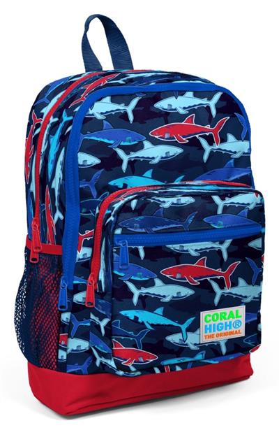 Coral High Kids Lacivert Kırmızı Köpek Balığı Desenli 3lü Okul Çanta Seti - Erkek Çocuk