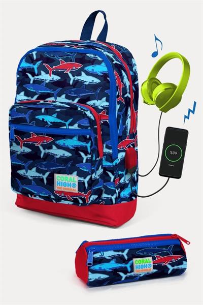 Coral High Kids Lacivert Kırmızı Köpek Balığı Desenli USBli 2li Erkek Çocuk Okul Çanta Seti