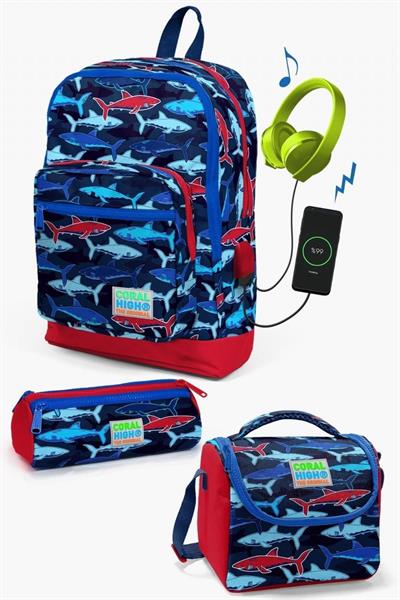 Coral High Kids Lacivert Kırmızı Köpek Balığı Desenli USBli 3lü Okul Çanta Seti - Erkek