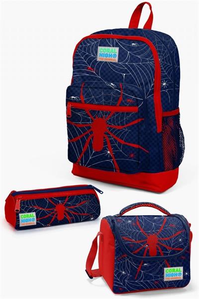 Coral High Kids Lacivert Kırmızı Örümcek Desenli 3lü Okul Çanta Seti - Erkek Çocuk İlkokul Çanta Seti