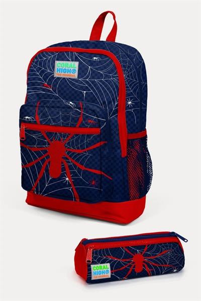 Coral High Kids Lacivert Kırmızı Örümcek Desenli 2li Okul Çanta Seti - Erkek Çocuk