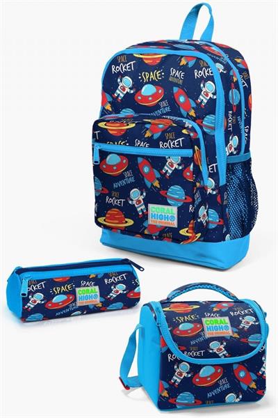 Coral High Kids Lacivert Mavi Uzay Desenli 3lü Okul Çanta Seti - Erkek Çocuk