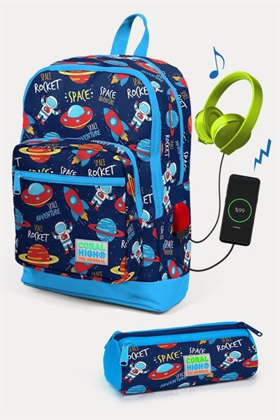 Coral High Kids Lacivert Mavi Uzay Desenli USBli 2li Okul Çanta Seti - Erkek Çocuk