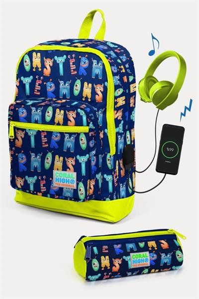Coral High Kids Lacivert Neon Sarı Monster Desenli USBli 2li Erkek Çocuk Okul Çanta Seti