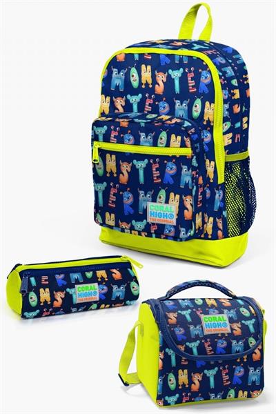 Coral High Kids Lacivert Neon Sarı Monster Desenli 3lü Okul Çanta Seti - Kız ve Erkek Çocuk