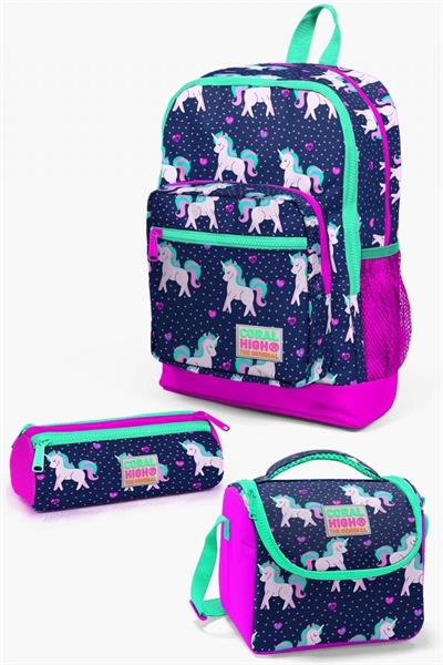 Coral High Kids Lacivert Pembe Unicorn Desenli 3lü Okul Çanta Seti