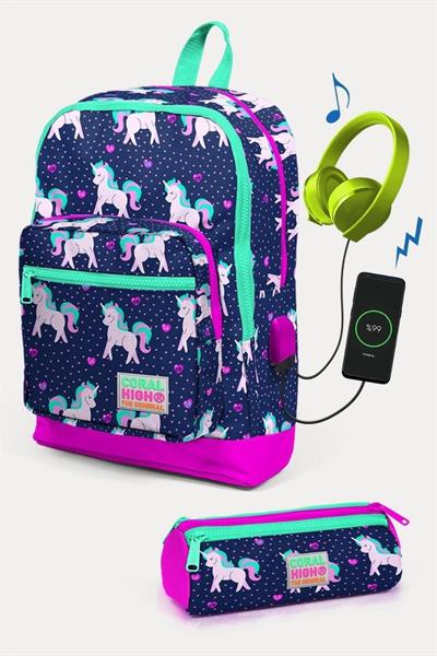 Coral High Kids Lacivert Pembe Unicorn Desenli USBli 2li Okul Çanta Seti - Kız Çocuk