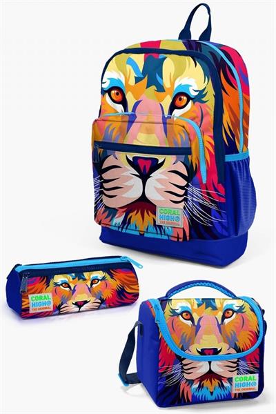 Coral High Kids Lacivert Saks Aslan Desenli 3lü Okul Çanta Seti - Erkek