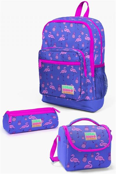 Coral High Kids Lavanta Pembe Flamingo Desenli 3lü Okul Çanta Seti