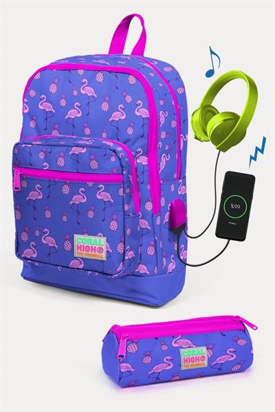 Coral High Kids Lavanta Pembe Flamingo Desenli USBli 2li Okul Çanta Seti - Kız Çocuk