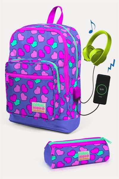 Coral High Kids Lavanta Pembe Kalp Desenli USBli 2li Okul Çanta Seti - Kız Çocuk