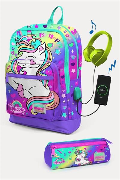 Coral High Kids Lavanta Su Yeşili Unicorn Desenli USBli 2li Kız Çocuk Okul Çanta Seti