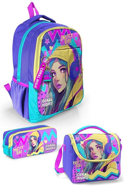Coral High Kids Lavanta Turkuaz Kulaklı Kız Desenli 3lü Okul Çanta Seti SET0123661