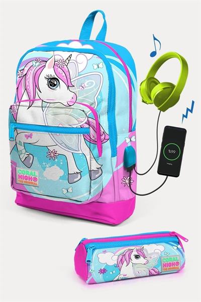 Coral High Kids Mavi Neon Pembe Unicorn Desenli USBli 2li Okul Çanta Seti - Kız Çocuk