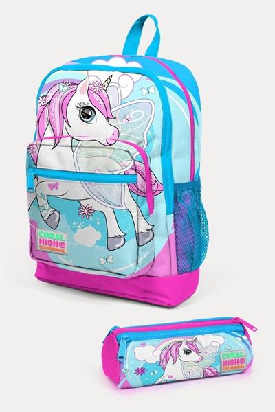 Coral High Kids Mavi Neon Pembe Unicorn Desenli 2li Okul Çanta Seti - Kız Çocuk