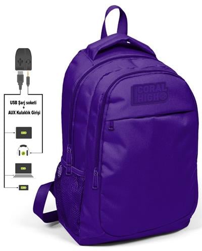 Coral High Kids Mor İlkokul Çantası ve Kalemlik Seti - USB Soketli