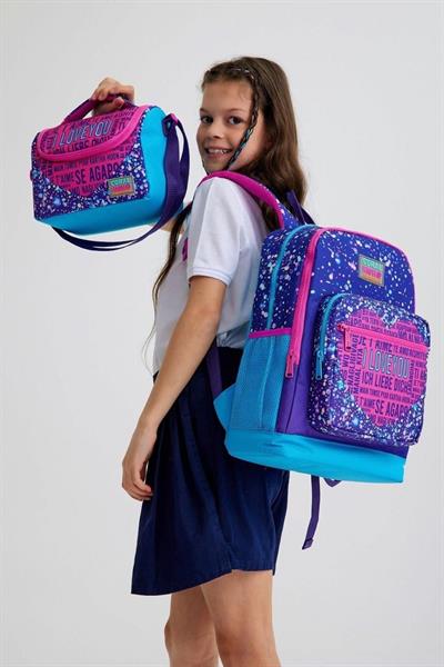 Coral High Kids Mor Mavi Pembe Kalp Desenli USBli 3lü Okul Çanta Seti - Kız